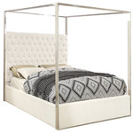 Meridian Furniture - Porter Velvet Bed, White, Queen - Dream big in the Porter white velvet canopy bed. This handsome Meridian Furniture bed has a tufted headboard that stands a full 60 inches tall, giving the bed a regal and sophisticated look. The headboard is tufted for added elegance, and the bed comes with a chrome canopy, adding to its overall elegance and grandeur. White velvet fabric used on the sides and headboard gives it a luxe vibe, and the headboard is heavily padded, making it an ideal backrest for reading or watching TV.