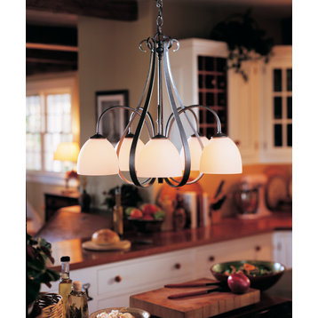 Sweeping Taper 5 Arm Chandelier, Natural Iron Finish, Opal Glass
