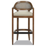 Jennifer Taylor Home - Americana Mid-Century Modern Rattan Cane Back Stool, Taupe Beige Textured Weave, 30.5" Bar Height - Revel in the hand-crafted details of the Americana Bar Stool Collection by Jennifer Taylor Home. The natural cane back texture is paired with a graceful curved mid-height back and straight arms that are pleasing to the eye and offer a comfortable seating experience. The solid wood Oak frame includes a footrest, protected by a brass plate. This bar stool does not require any assembly.