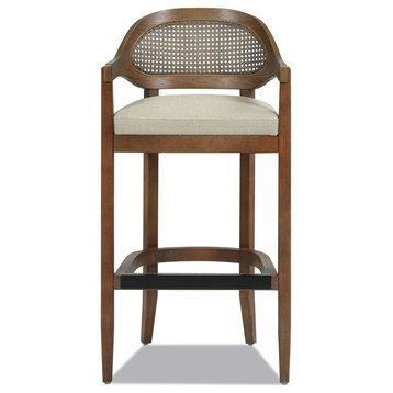 Americana Mid-Century Modern Rattan Cane Back Stool, Taupe Beige Textured Weave, 30.5" Bar Height