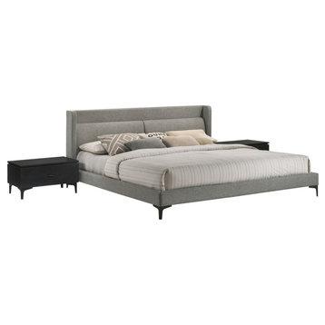 Legend 3-Piece Gray Fabric Platform Bed and Nightstands Bedroom Set, King