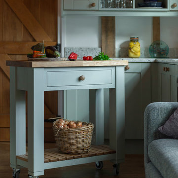Country Style Sage Green Shaker Kitchen with Colonial White Granite Tops
