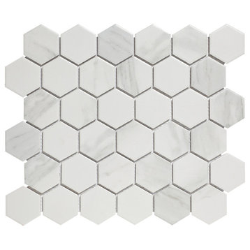 11"x12.8" Glazed Porcelain Mosaic Tile Sheet Barcelona Hexagon Carrara Marble