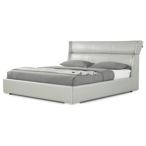 Modern Hypnos Light Gray Leather, Leather Bed Queen Platform