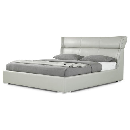 Modern Hypnos Light Grey Leather Platform Queen Size Bed