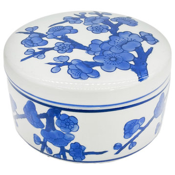 Blue & White Chinoiserie Round Ceramic Box - Cherry Blossom