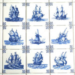 Mottles - Nine Assorted Ship Blue Delft Design Ceramic Tile Blue 4.25" x 4.25 Set of 9 - Nine Tiles with Blue Delft Design Corners