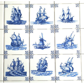 Nine Assorted Ship Blue Delft Design Ceramic Tile Blue 4.25" x 4.25 Set of 9