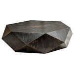 Uttermost - Faceted Large Round Wood Coffee Table, Modern Geometric Block Solid - This unique geometric table features a low profile, perfect for viewing the sunburst top in mango veneer with a worn black finish rubbed to reveal honey undertones.