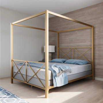 Contemporary Canopy Bed, Golden Metal Frame With Criss Cross Headboard, Queen