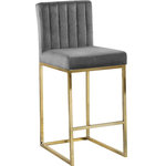 Meridian Furniture - Giselle Velvet Counter Stool, Gray, Gold Base - Outfit your home bar or kitchen counter with this Giselle Grey Velvet Stool. The sleek grey color is perfectly suited to contemporary decor and fits well with other neutral-colored furnishings for easy integration in your room, and the velvet upholstery is sleek and comforting to the touch and the skin. A gold finish on the metal frame adds to the modern panache of this stool, while a footrail along the front ensures you have a spot to rest your feet while you enjoy pancakes at the counter or a cocktail at the bar.