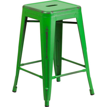 Backless Distressed Metal Indoor/Outdoor Stool, Green, Counter Height