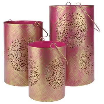 Set of 3 Fuschia Pink and Gold Floral Cut-Out Pillar Candle Lanterns 10"