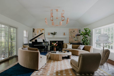 Large mid-century modern open concept medium tone wood floor, brown floor and tray ceiling living room photo in New York with a music area, white walls, a standard fireplace, a stone fireplace and no tv