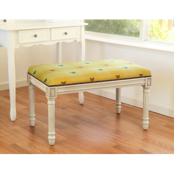 Yellow Butterfly Upholstered Wooden Bench, Antique White Wash