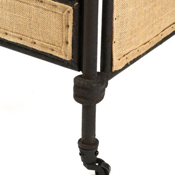 Burlap and iron bed with wheels