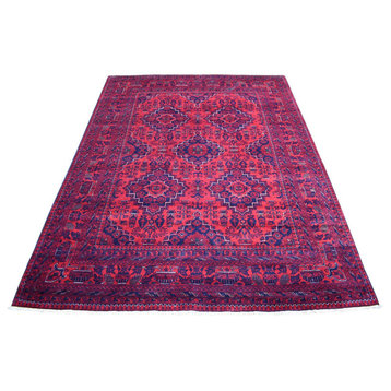 Afghan Khamyab With Tribal Medallions Design Pure Wool Deep Red Rug, 5'8" x 7'5"