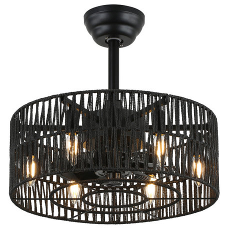 Oaks Aura 18" Caged Woven Rattan Ceiling Fan with Lights and Remote Control, Black