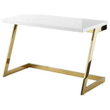 Alie Writing Desk, High Gloss Lacquer Finish Top, White/Gold