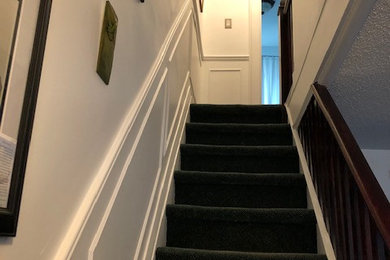 Example of a mid-sized transitional carpeted straight wood railing staircase design in Toronto with carpeted risers