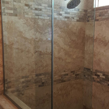 ForzaStone Walnut Cross Cut Travertine Walk In Shower