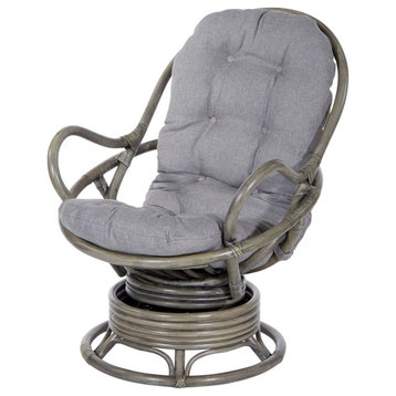 Tropical Swivel Rocker Chair, Rattan Frame With Button Tufted Padded Seat, Grey