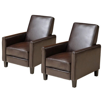 Set of 2 Recliner, Bonded Leather Upholstered Seat With Rounded Arms, Dark Brown
