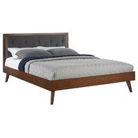 Linon Mid Century Upholstered Platform Queen Bed Frame in Walnut Brown ...