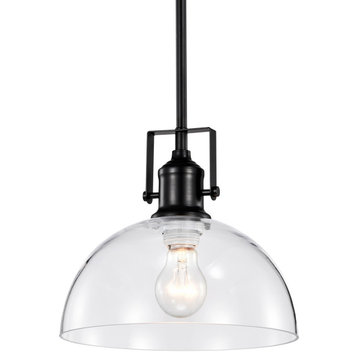 1-Light Black Farmhouse Pendant With Clear Dome Glass Shade