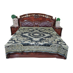 Mogul Interior - Indian Bedding Bedspread Green Reversible Wool Indian Bedding Sofa Throw - Throws