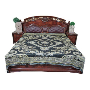 Mogul Interior - Indian Bedding Bedspread Green Reversible Wool Indian Bedding Sofa Throw - Throws