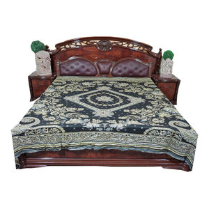 Mogul Interior - Indian Bedding Bedspread Green Reversible Wool Indian Bedding Sofa Throw - Blankets