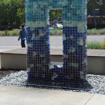 Gabion Fountain with Colored Rocks - Daytime Front View