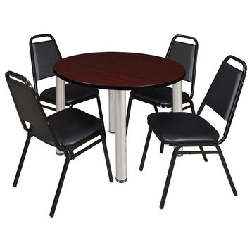 Kee 36" Round Breakroom Table, Mahogany/Chrome and 4 Restaurant Stack Chairs