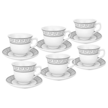 Royalty Porcelain 12pc Tea set Greek Key 6 cups, 6 saucers, Porcelain (Silver)