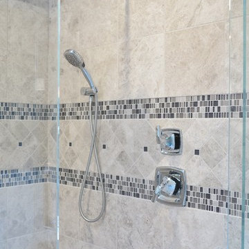 Transitional Striking Marble Master Bathroom in Avon