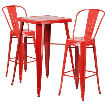 Flash Commercial Grade 23.75" Square Red Metal Bar Table Set with 2 Back Stools