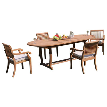 5-Piece Outdoor Teak Dining Set 94" Masc Oval Table, 4 Arbor Stacking Arm Chairs