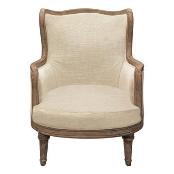 Dan Lounge Arm Chair with Exposed Wood Trim and Frame in Natural Linen Fabric
