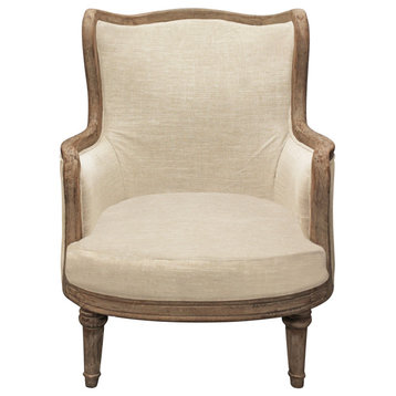 Dan Lounge Arm Chair with Exposed Wood Trim and Frame in Natural Linen Fabric