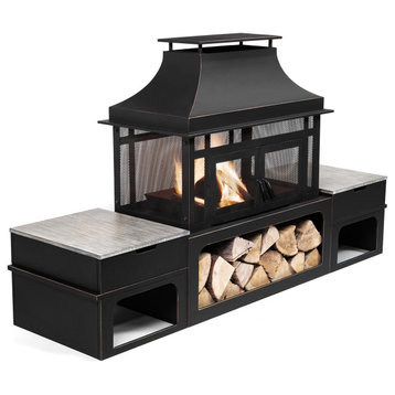 80" Rectangular Outdoor Steel Fireplace, Log Storage and Side Tables