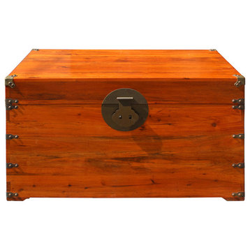 Oriental Chinese Brown Wood Moon Face Hardware Trunk Table