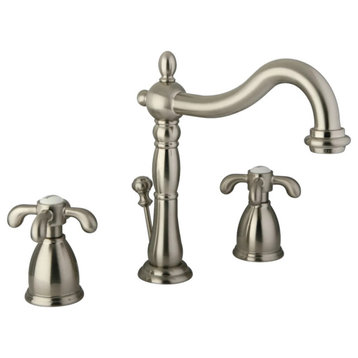French Country Bathroom Faucet, Curved Spout & 2 Curved Crossed Handles, Nickel