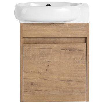 17"W Wall-Mounted Plywood Bath Vanity, Imitative Oak, Ceramic Sink