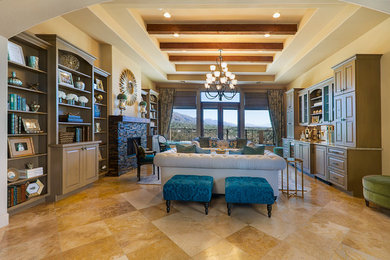 Large elegant open concept ceramic tile living room photo in Phoenix with a bar, beige walls, no tv, a standard fireplace and a stone fireplace