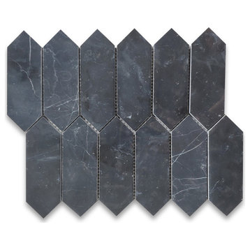 Nero Marquina Black Marble Picket Fence Long Hexagon Mosaic Wall Tile, 1 sheet