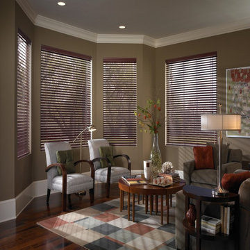 Living Room Bow Windows - Designer Faux Wood Blinds