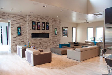 Inspiration for a transitional formal and open concept porcelain tile and beige floor living room remodel in Dallas with beige walls, a ribbon fireplace, a tile fireplace and no tv