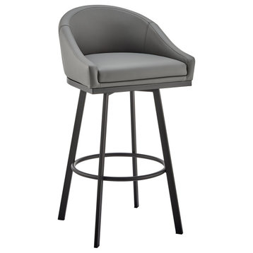 Noran Swivel Counter Stool in Black Metal with Grey Faux Leather