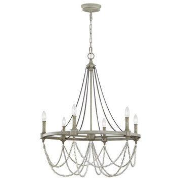 Beverly Chandelier, 6-Light, French Washed Oak, Distressed White Wood, 28"